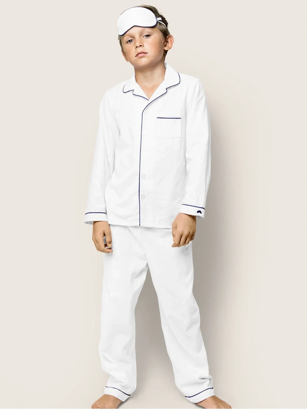 Petite Plume Pajama Set in White with Navy Piping Size 14